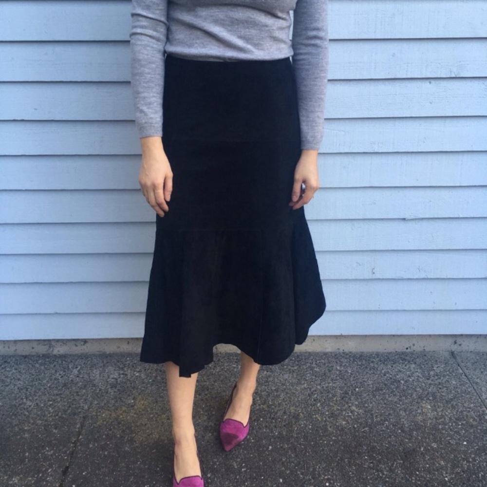 Cabo patchwork suede leather midi skirt altered.